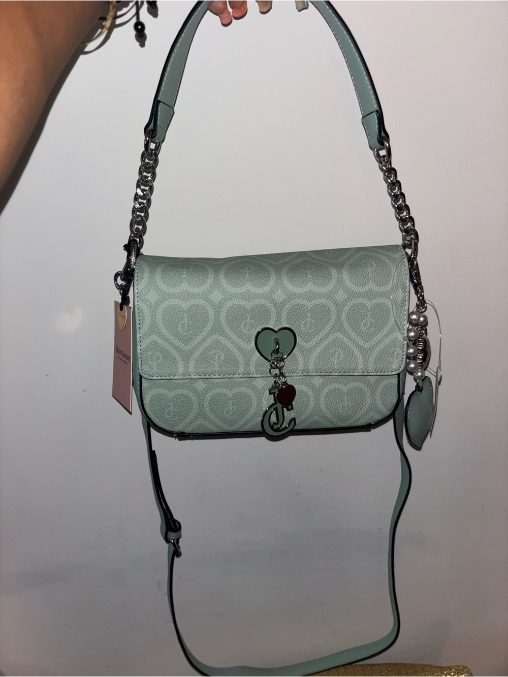 Juicy Couture Mint Green Heart Jacquard Crossbody Bag with Chain
